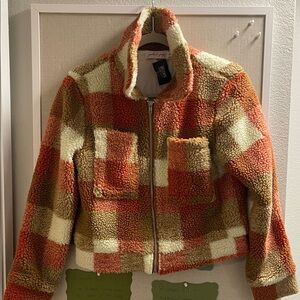 Petal & Pup Checkered Teddy Jacket - Orange and Cream